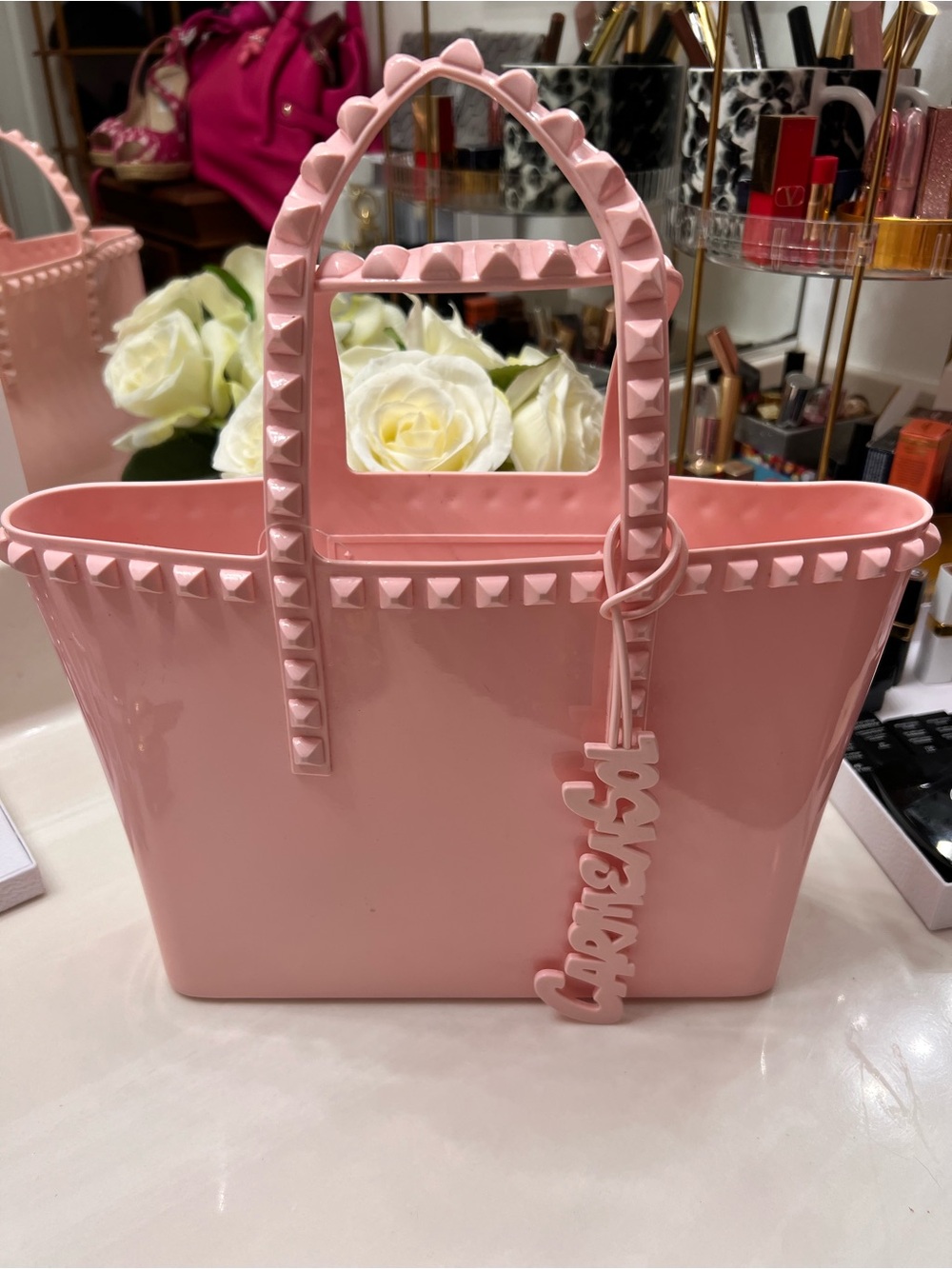Gorgeous Carmen Sol Pink Stud-Trim Tote Bag with added Hang-Charm